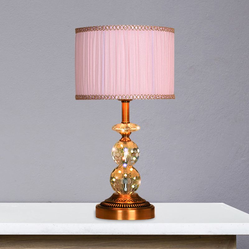 1 Bulb Pleated Fabric Night Stand Lamp Traditional Pink and White/Pink/Coffee Cylinder/Tapered Parlor Table Light with Faceted Crystal Orbs