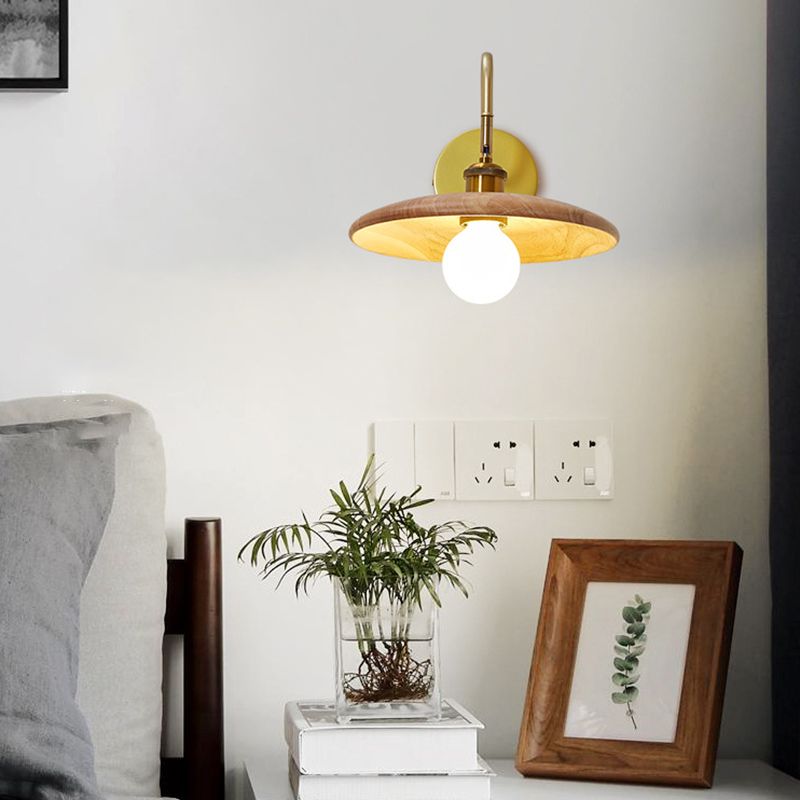 Single Modern Golden Wall Mounted Sconce Wooden Shaded Down Wall Light
