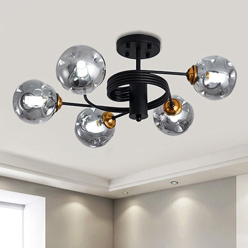 3/5 Lights Living Room Semi Flush with Ball Amber/Smoke Dimpled Blown Glass Shade Modernist Black Semi Flush Ceiling Light