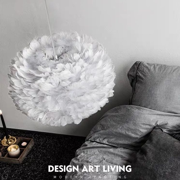 White Feather Pendant Lighting Modern Nordic Creative Globe Hanging Ceiling Light for Bedroom