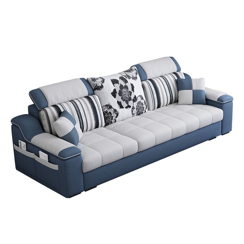 Pillow Top Linen Sofa & Chaise 31.5" H Loose Back Sofa in Grey and Blue