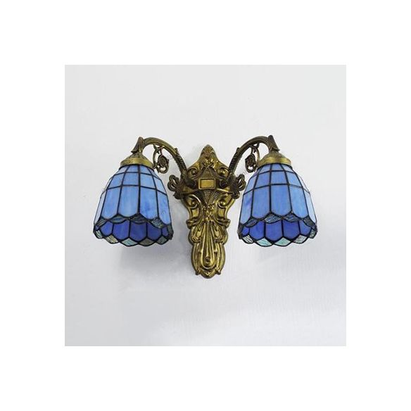 Stained Glass Wall Light with Curved Arm Tiffany Style Double Sconce Light in Red/White/Blue for Bedroom Lighting