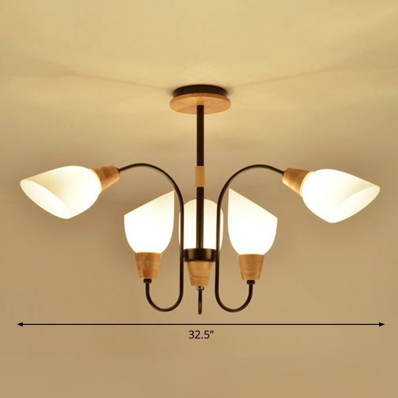 Tulip Flower Restaurant Chandelier Cream Glass Nordic Style Pendant Light in Black and Wood
