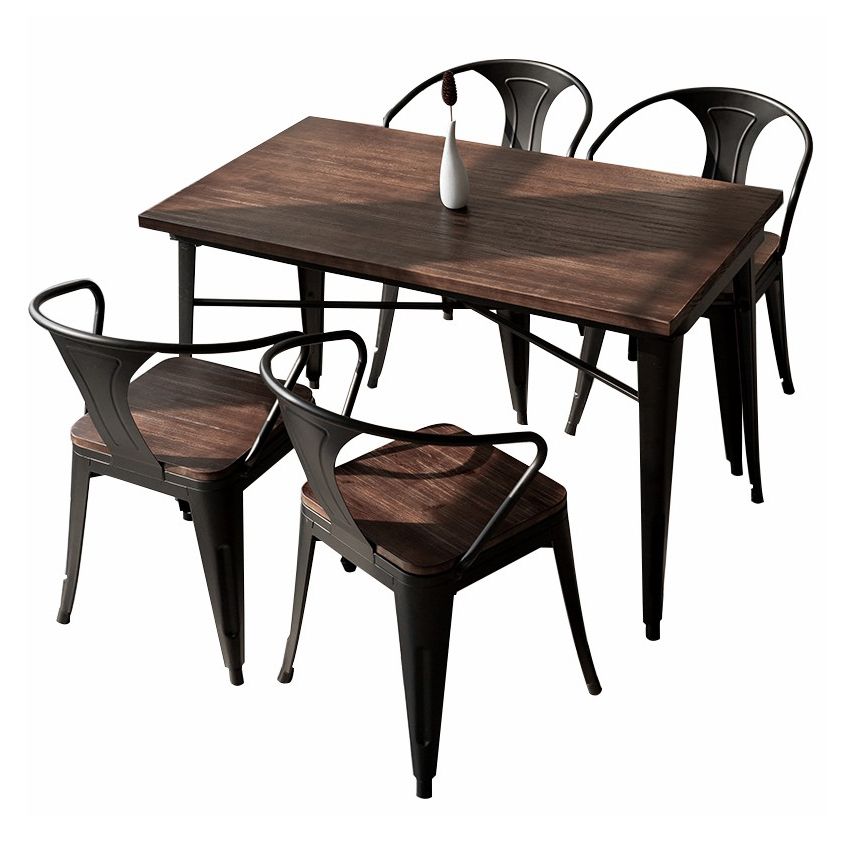 Industrial Style Solid Wood Dining Set with Brown Rectangle Table and 4 Black Legs Base