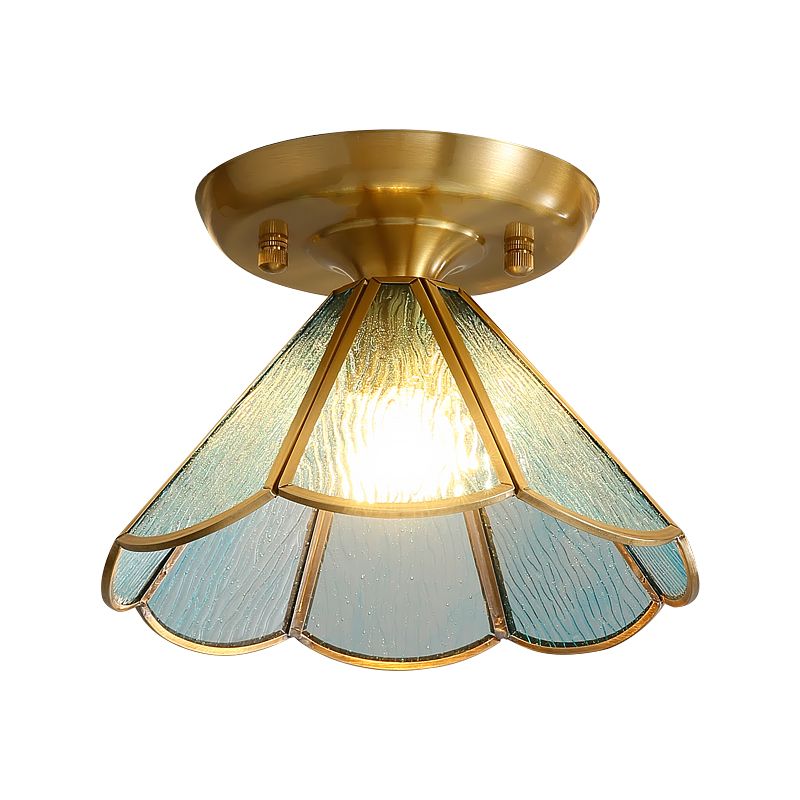 Tiffany Floral Semi Mount Lighting 1-lichts glazen plafondinbouwlamp in messing voor gang