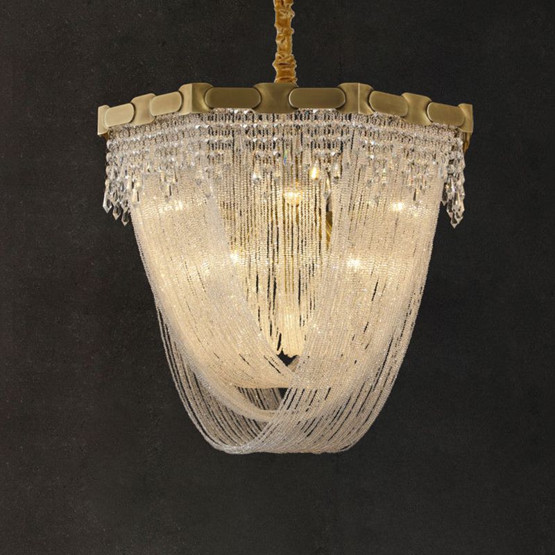 Tassel Chain Chandelier Lighting Metal Triple Light Crystal Shade Foyer Pendant Lamp