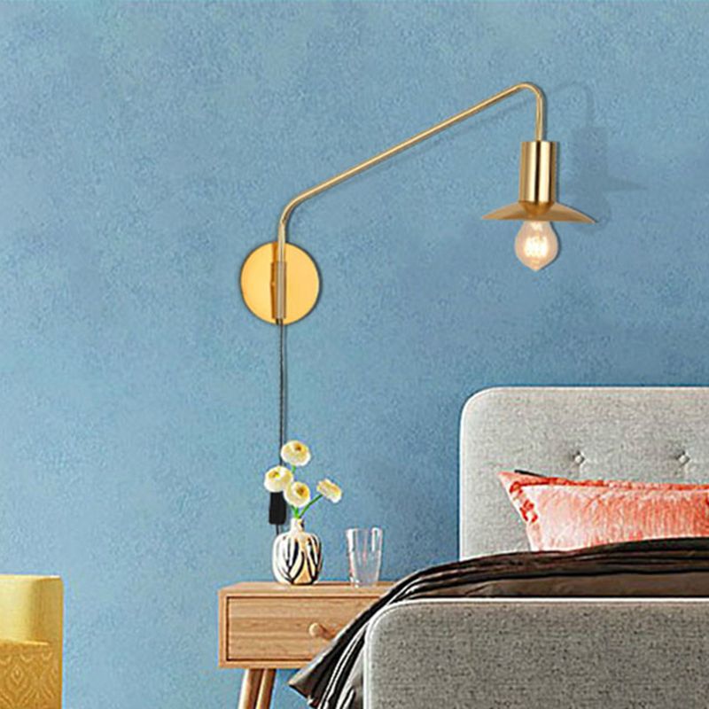 Metal Swing Arm Sconce Lamp Industrial Style Single Living Room Reading Light with Saucer Lampshade