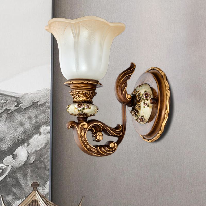 1/2-Light Wall Sconce with Floral Shade Cream Glass Traditional Bedroom Wall Mounted Lamp in Brown