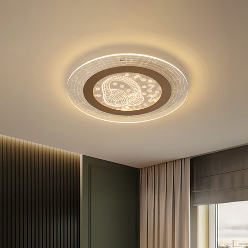 Acrylic Disc Ceiling Lamp Minimalist LED White Flush Mount Fixture with Music Note Pattern, 16"/19.5" W