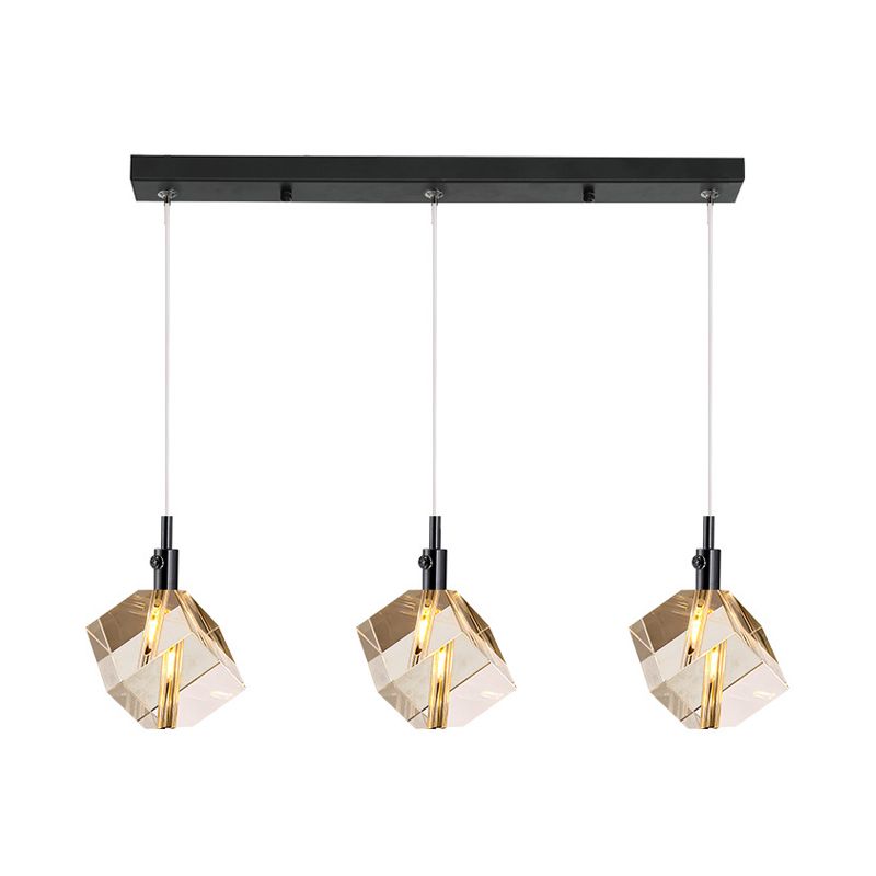 Black Finish Cube Pendant Lighting Simple 3-Light Clear Crystal Glass Multiple Hanging Lamp