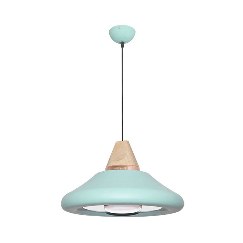 Macaron Wide Flare Down Lighting Metal 1 Bulb Pendant Light Fixture in Blue/Green with Wood Cap
