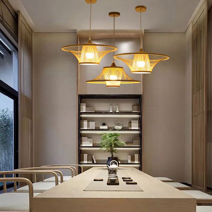 Wood Flared Suspension Lighting Minimalist 1-Light Bamboo Ceiling Pendant for Bedroom