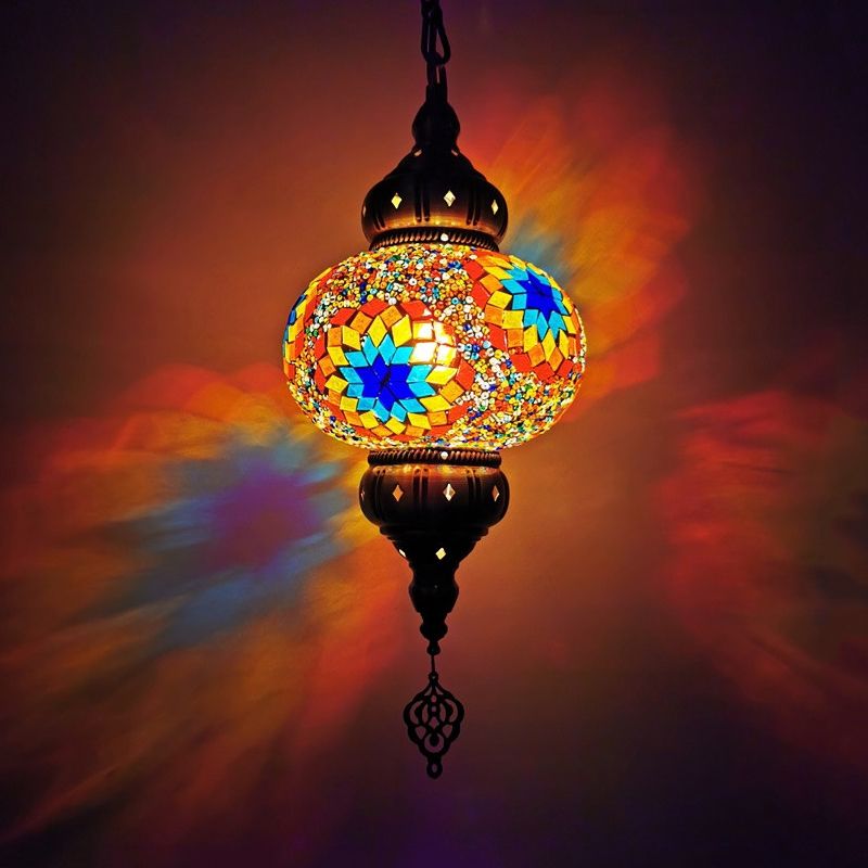 Stained Glass Oval Hanging Light Kit Traditional 1 Head Bedroom Pendant Lighting in White/Red/Orange