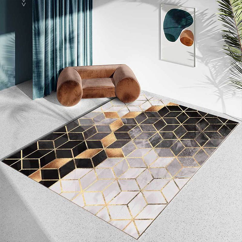 Contemporary Geometric Pattern Rug Black and Grey Polyester Rug Machine Washable Non-Slip Area Rug for Living Room