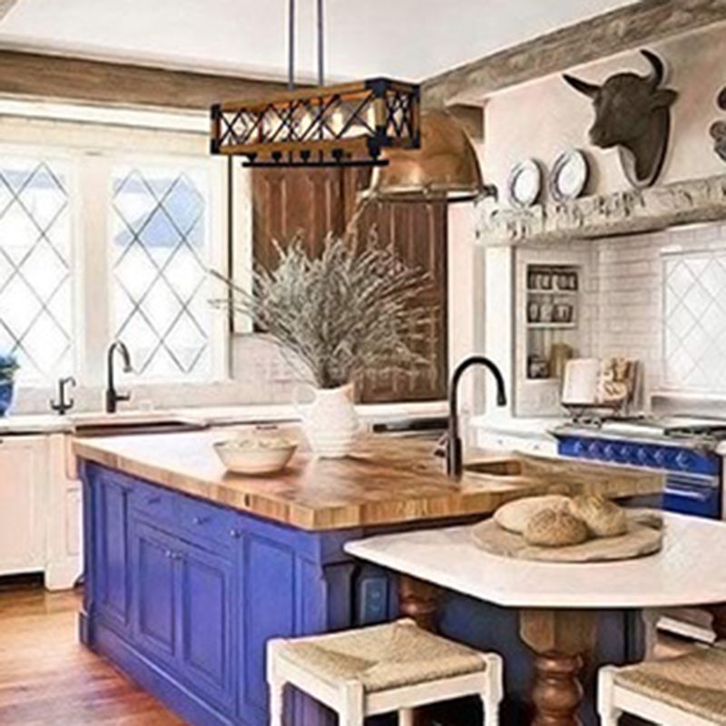 Marco de hierro luz de la isla negra en la luz colgante de madera de madera de estilo retro industrial para el comedor