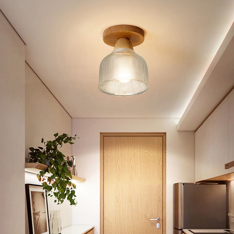 Simple 1-Light Ceiling Light Wooden Ceiling Mount Light with Glass Shade for Living Room