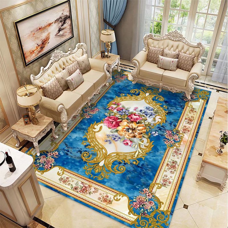 Traditional Flower Printed Carpet Polyester Area Rug Non-Slip Backing Indoor Carpet for Living Room