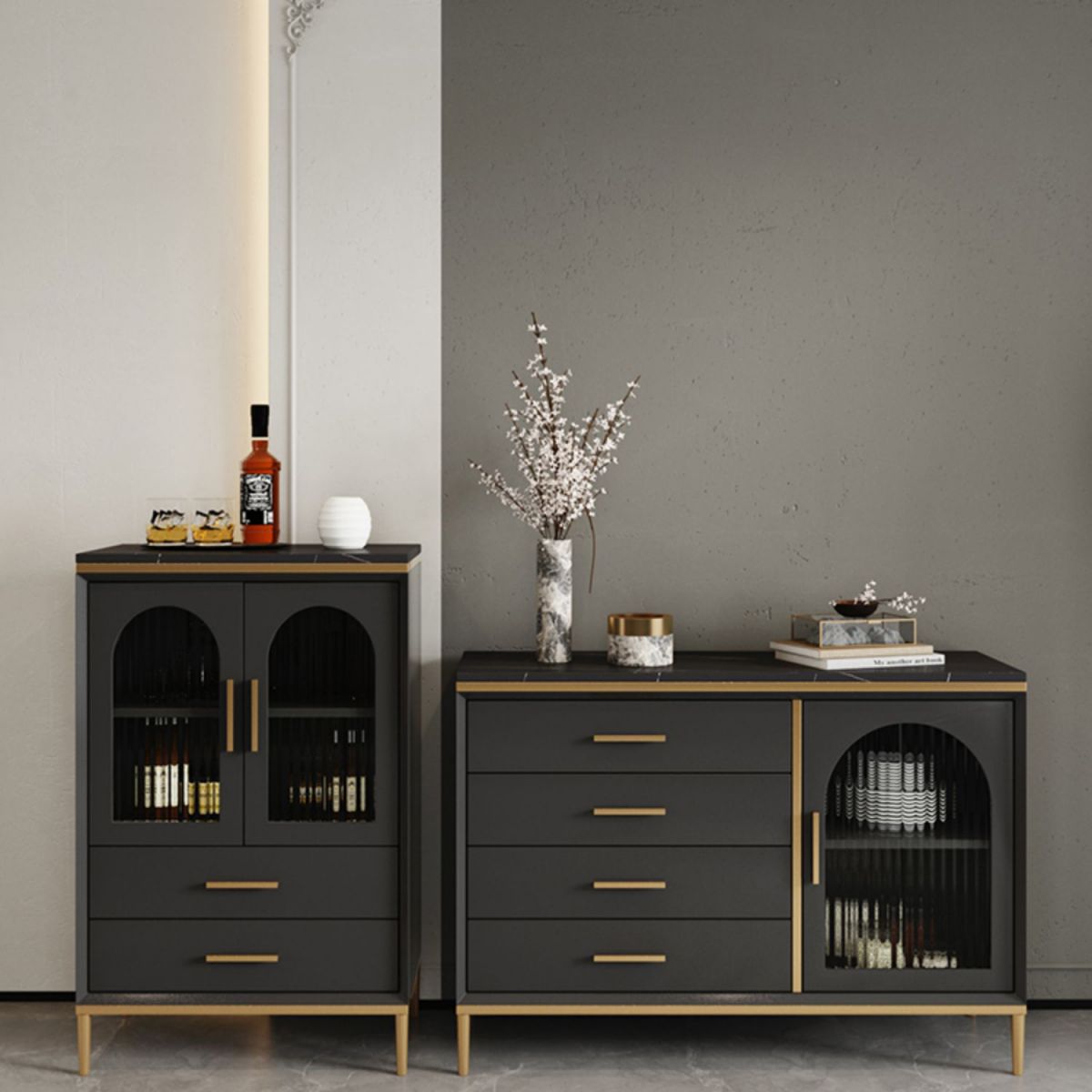 Glam Style Cupboard Artificial Wood Frame and Glass Door Kitchen Sideboard for Dining Room