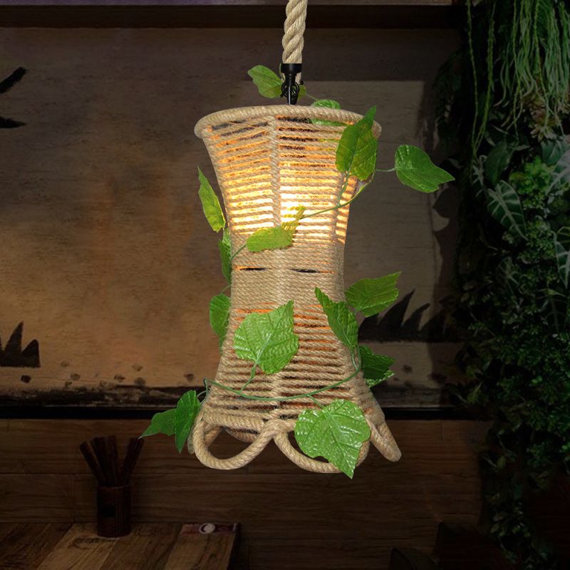Beige 1 bol hangend licht rustiek natuurlijk touw uitlopende hanglamp met kunstmatige klimop