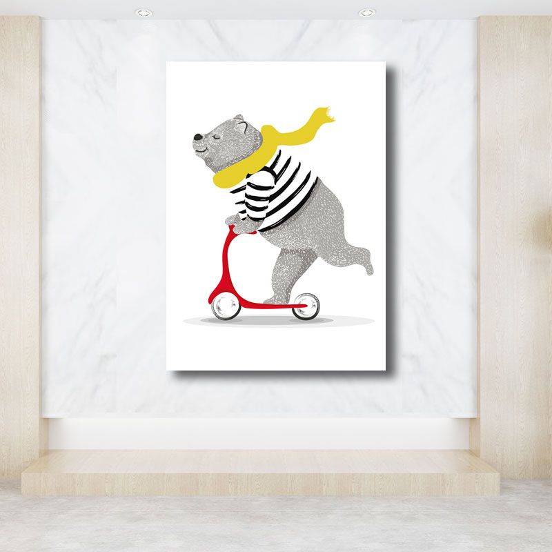 Cartoon Bear on Scooter Art Print Canvas Decorative Grey Wall Decor for Children Room