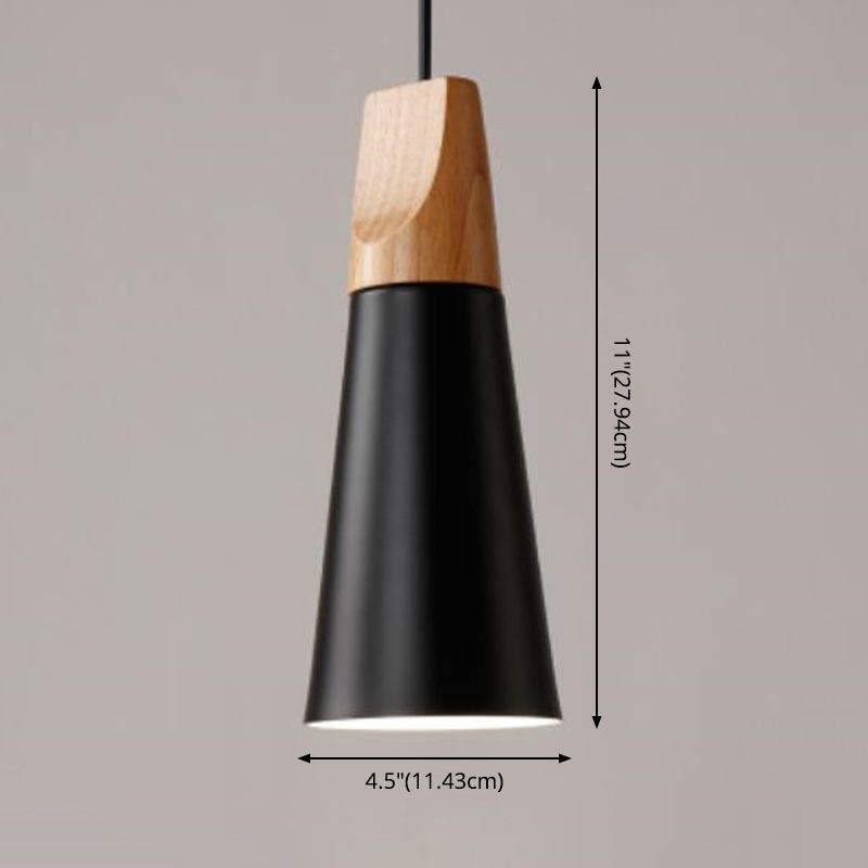 1 Light Metal Tapered Pendant Lamp Nordic Style Wooden Top Living Room Hanging Lamp