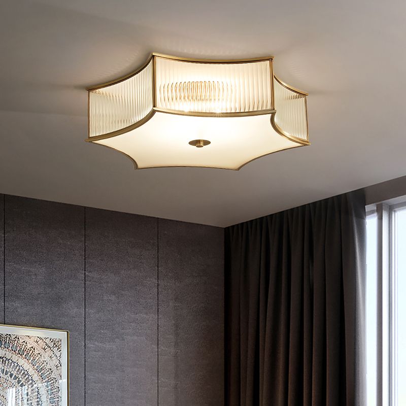Or Hexagramme Flushmount Ceiling Lamp Simplicité Effacer Rib Verre Bédouer Légère