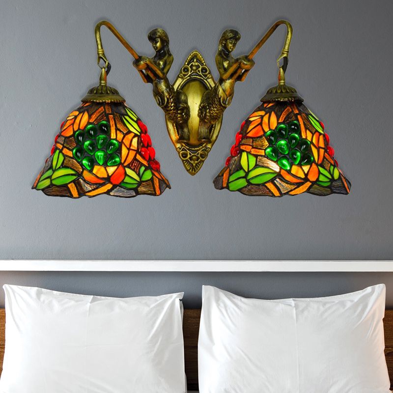 Bell Sconce Light Fixture Tiffany Red-Yellow-Green Glass 2 Heads Bedroom Wall Mount Light