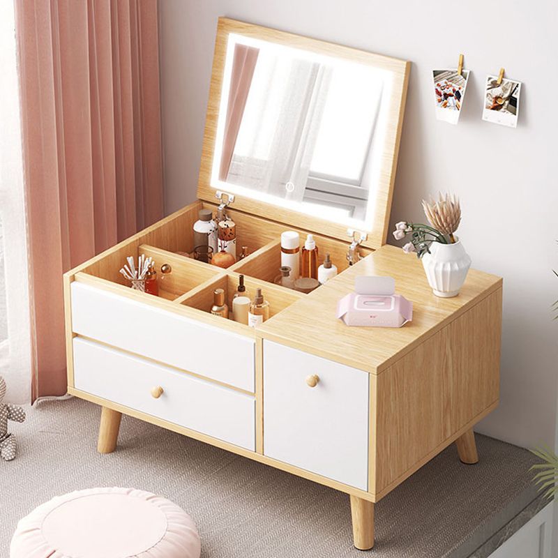 Contemporary Natural Bedroom Solid Wood Mirror With Drawer Makeup Vanity Set