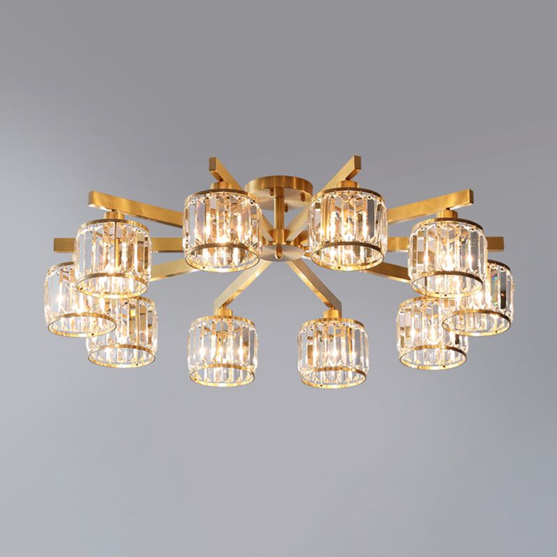 Radial Metallic Semi Flush Light Modern Gold Ceiling Flush Mount with Cylinder Tri-Prism Crystal Shade