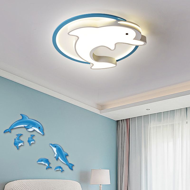 Plafonnier LED pour enfants avec abat-jour en acrylique, plafonnier en forme de dauphin bleu, lumière blanche chaude/blanche, 18"/23,5" W