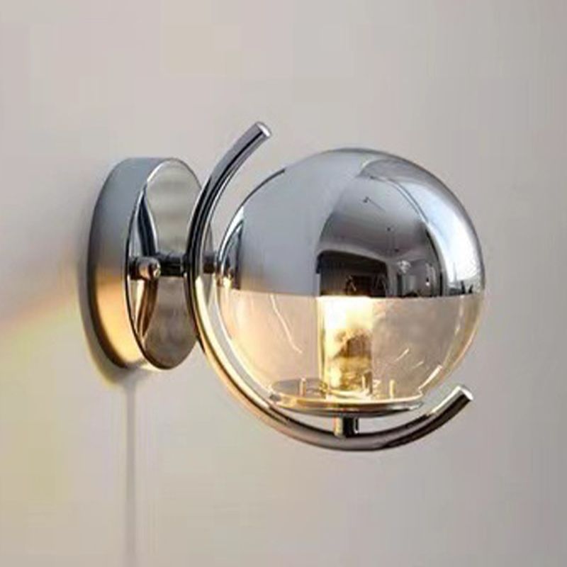 1-Light Modern Wall Lamp Silver Wall Mount Lamp with Glass Shade for Bedroom