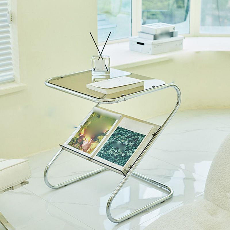 Modern Glass Top Side Table Metal Abstract Base End Table with Magazine Holder
