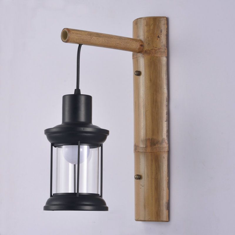 1-Head Wall Light Sconce Coastal Lantern Clear Glass Wall Mount Lighting with Bamboo Backplate