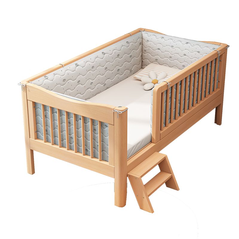 Glam Solid Wood Baby Crib Light Wood Nursery Bed with Guardrail