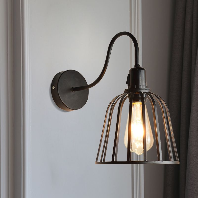 Schwanenhals Arm Metall -Leuchtenbeleuchtung mit Glockenkäfig Schatten Retro 1 Light Ess Room Wandlampe in Schwarz