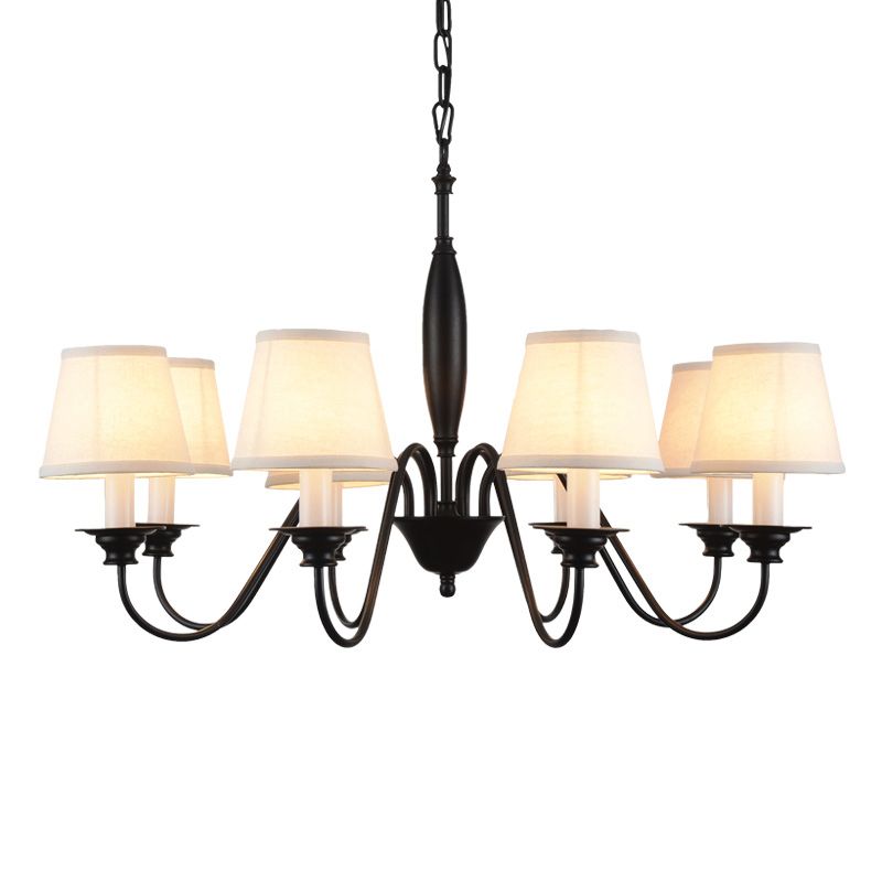 Black Candle Chandelier Rustic Fabric Restaurant Hanging Light with Tapered Fabric Shade
