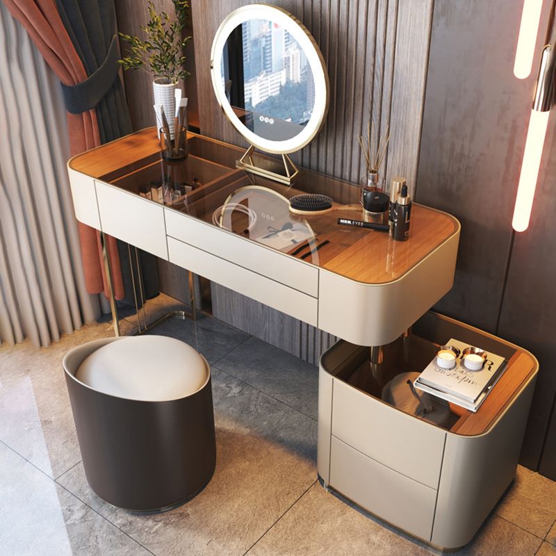 Glass Vanity Desk with 5 Storage Drawers 16.14" Wide Cream Wood Vanity Set