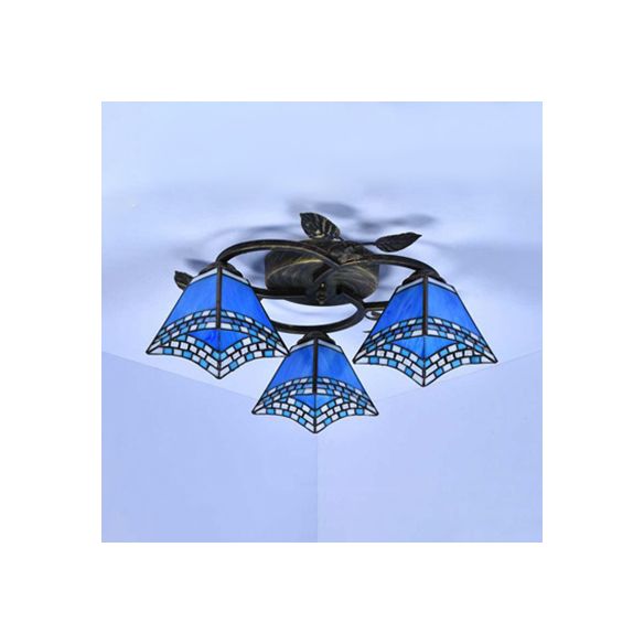 Geometric Ceiling Light Fixture with Pattern Tiffany Stained Glass 3 Lights Flushmount Ceiling Light in Bronze