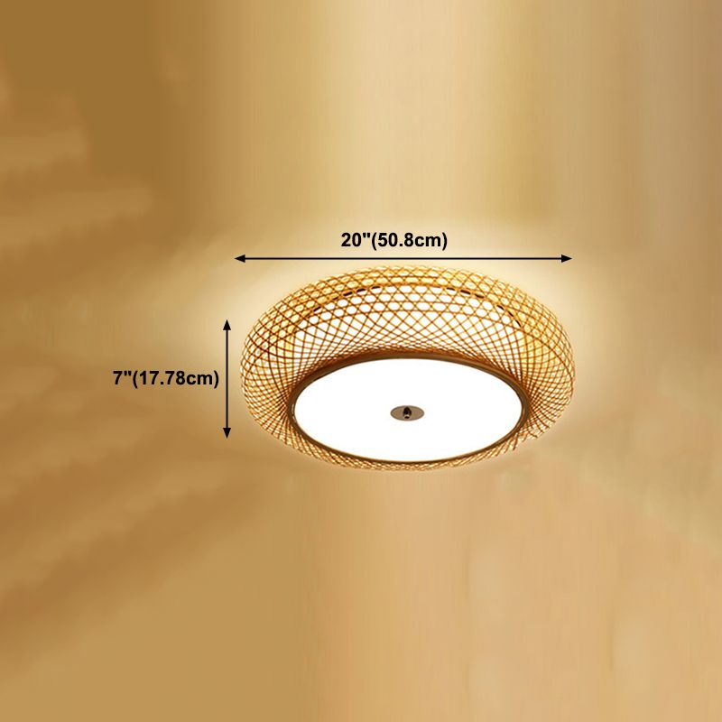Bambú de forma redonda Flush Luz de techo Estilo asiático 1 Luz de montaje de luz en marrón