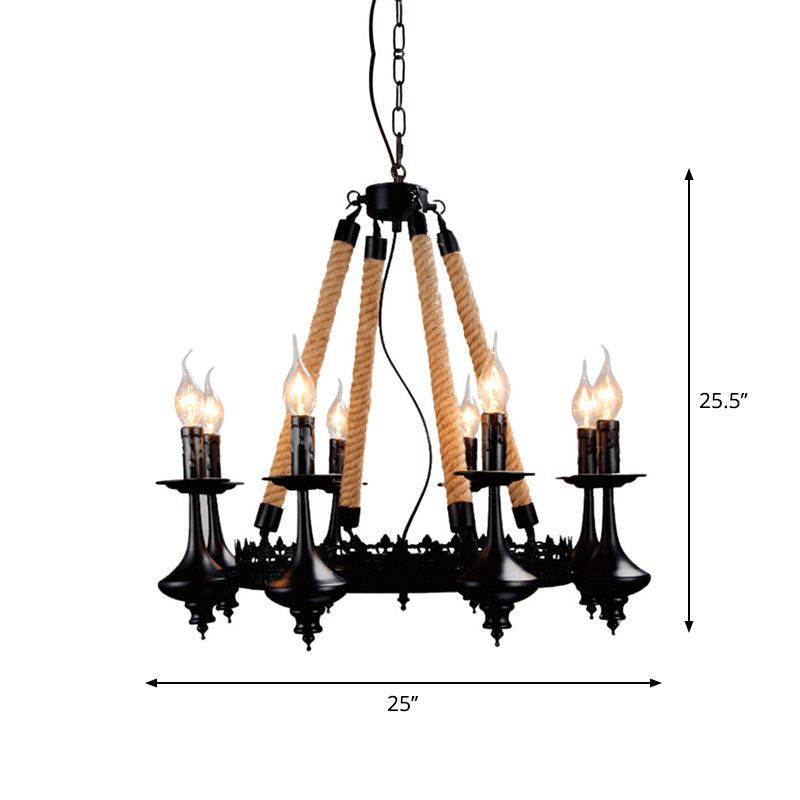 Iron Candle Chandelier Light Fixture Warehouse 6/8 Heads Dining Room Hanging Ceiling Light in Black with Rope Cord