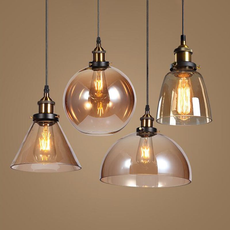 1 Light Pendant Light Vintage Industrial Minimalist Glass Shade Dining Room Hanging Lamp