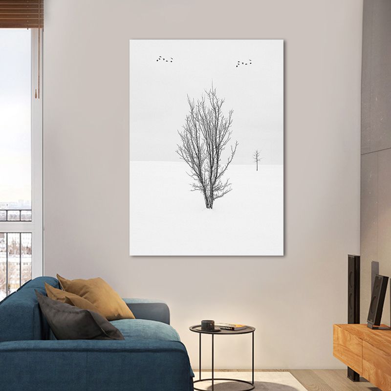 Photography Minimalistic Canvas Wall Art with Bird and Tree Scenery, Light Color