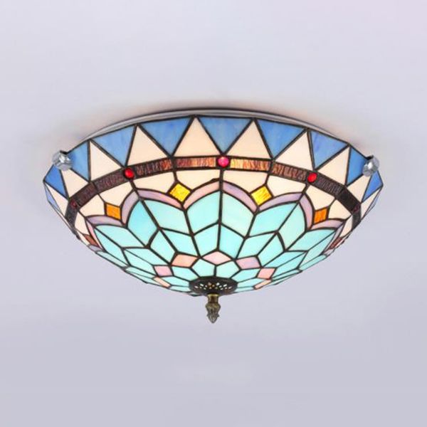 12"/16"/19.5" W Stained Glass Bowl Flush Mount Ceiling Light Lodge 1/2/4 Light Flush Mount Light in Blue/Light Blue for Living Room