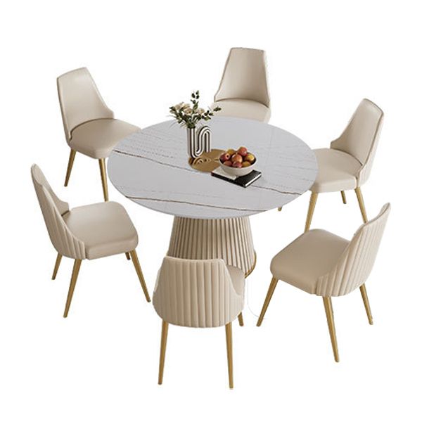Stone Top Dining Table Round Table with Wood Pedestal Base in White