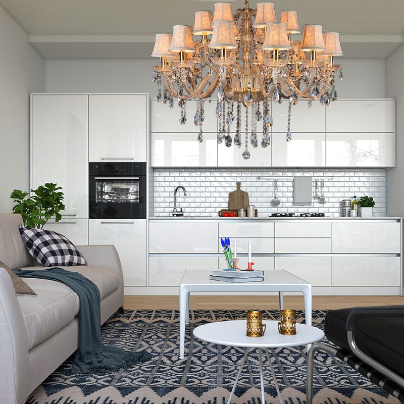 Armed Clear K9 Crystal Pendant Chandelier Rustic 6/8/10 Heads Beige Hanging Ceiling Light with Flared Fabric Shade