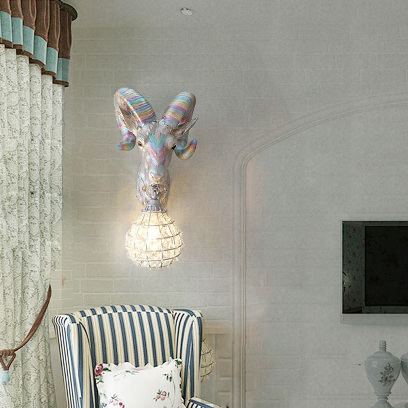 1 Light Resin Wall Lamp Rustic Silver Goat Indoor Sconce Light Fixture with Orb Crystal Shade
