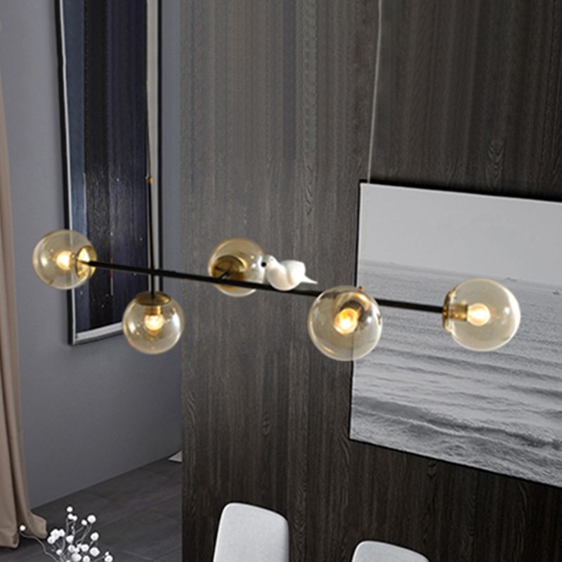 Industrial 5-Light Island Pendant with Amber/Milky White/Smoke Grey Glass Shade Brass Sphere Ceiling Light with Adjustable Cord
