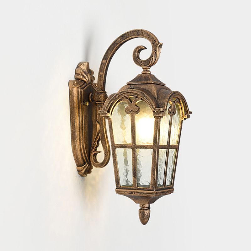 10"/14" W 1 Light Water Glass Wall Lamp Farmhouse Black/Brass Lantern Doorway Wall Lighting with Curvy Arm