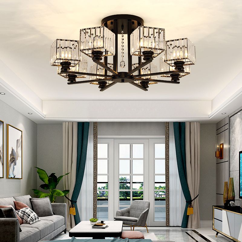 Square Semi Flush Leuchte zeitgenössische prismatische K9 -Deckenlampe Kristall Wohnzimmer