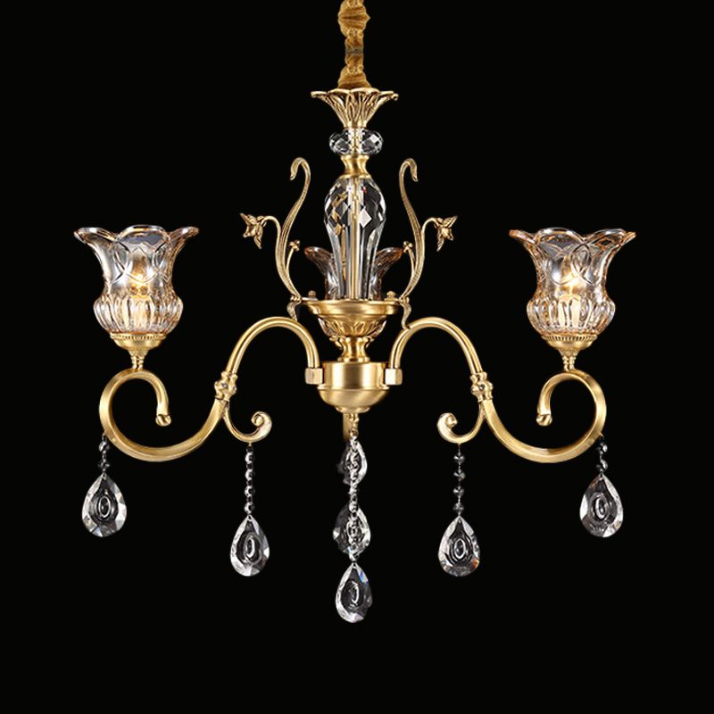 3 Bulbs Bellflower Hanging Light Vintage Brass Clear Glass Up Chandelier with Scroll Arm and Crystal Drop